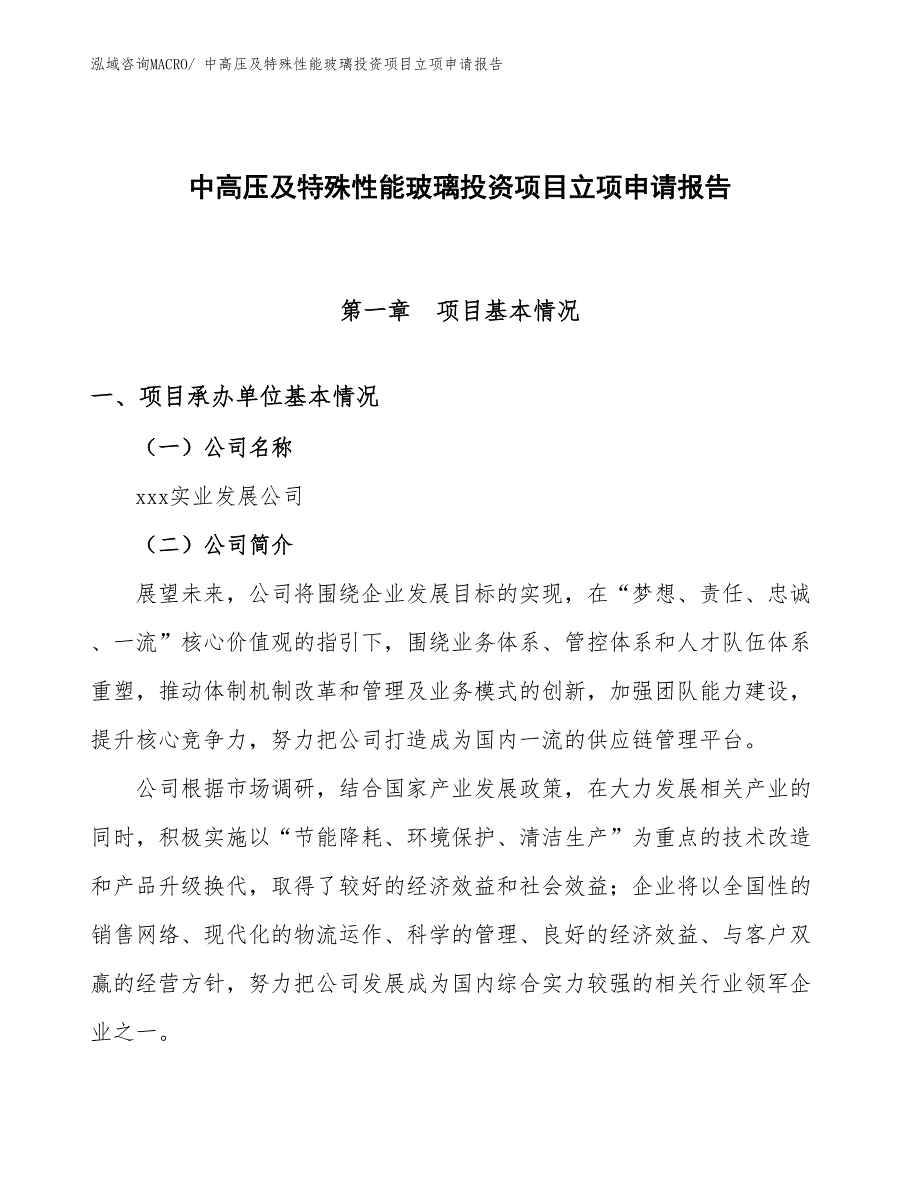 中高压及特殊性能玻璃投资项目立项申请报告_第1页