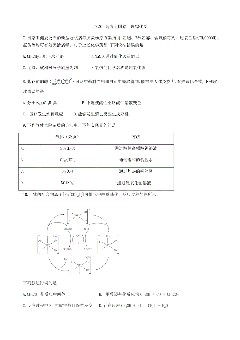 2020年高考全国卷一理综化学_第1页