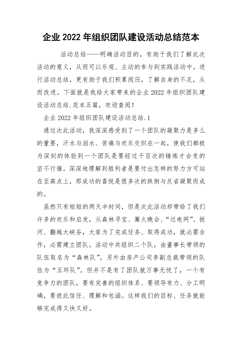 企业2022年组织团队建设活动总结范本_第1页