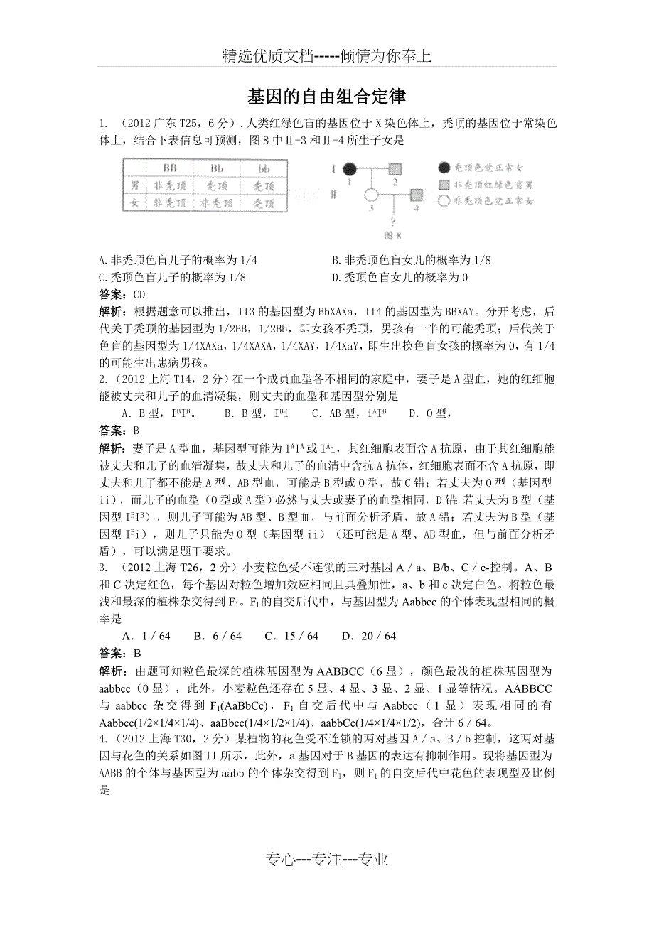 2012高考生物试题的分类汇总专题：基因的自由组合定律_第1页