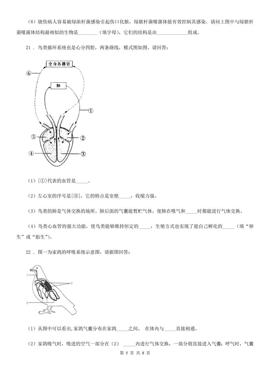 人教版八年级上册生物 第五单元 第一章 动物的主要类群 章末练习题_第5页