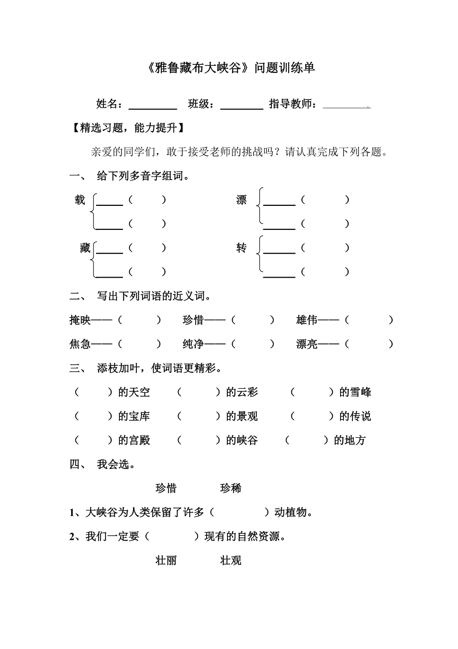 《雅鲁藏布大峡谷》问题训练单_第1页