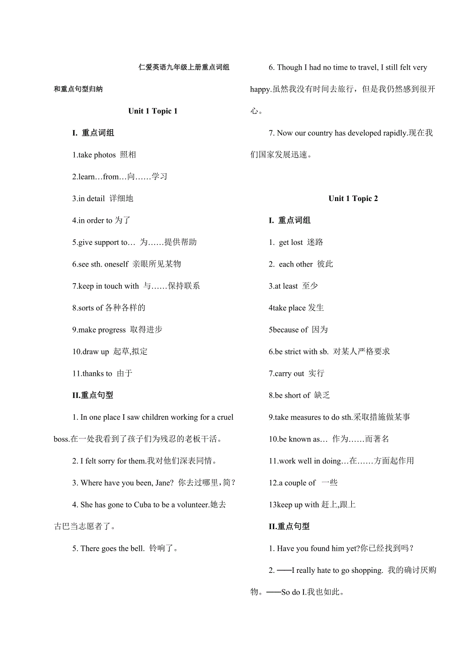 仁爱英语九年级上册重点词组和句型归纳_第1页