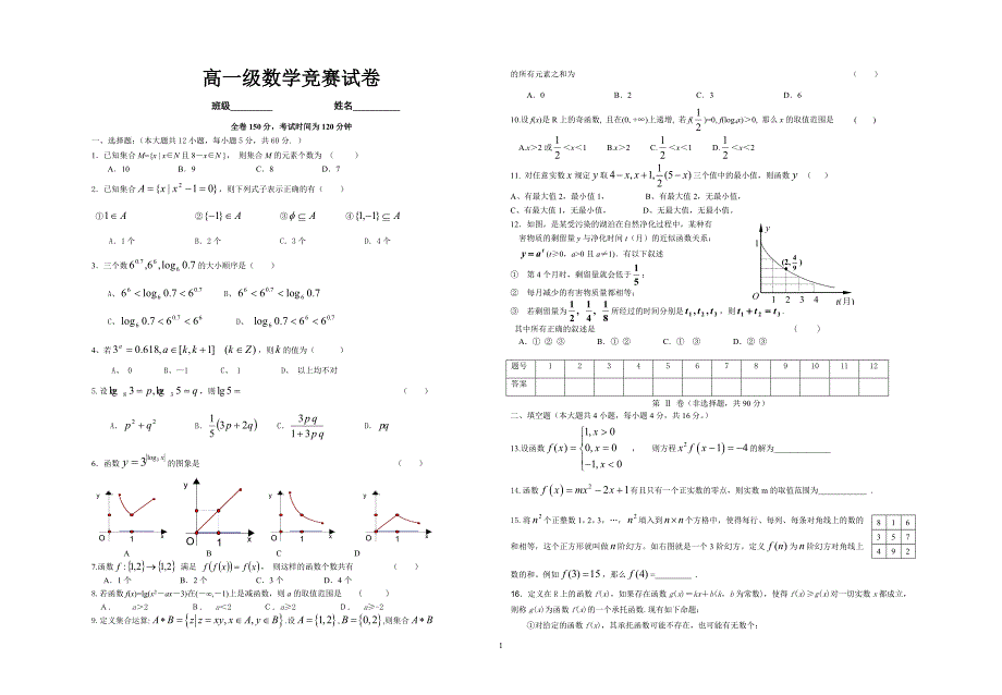 高一级第一学期数学竞赛试题_第1页