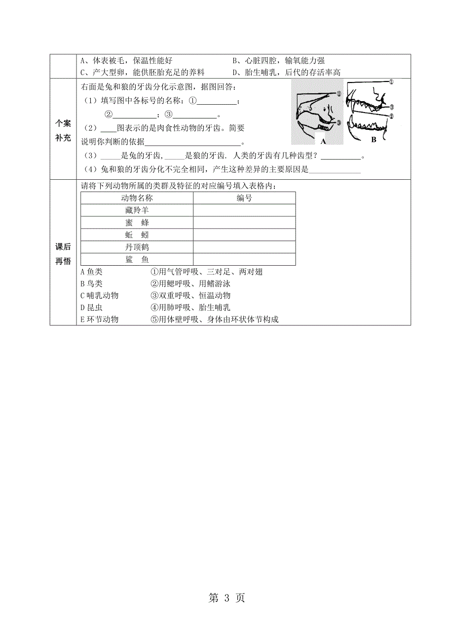 2023年人教版八年级生物上册第五单元第一章 第七节哺乳动物学案无答案.doc_第3页