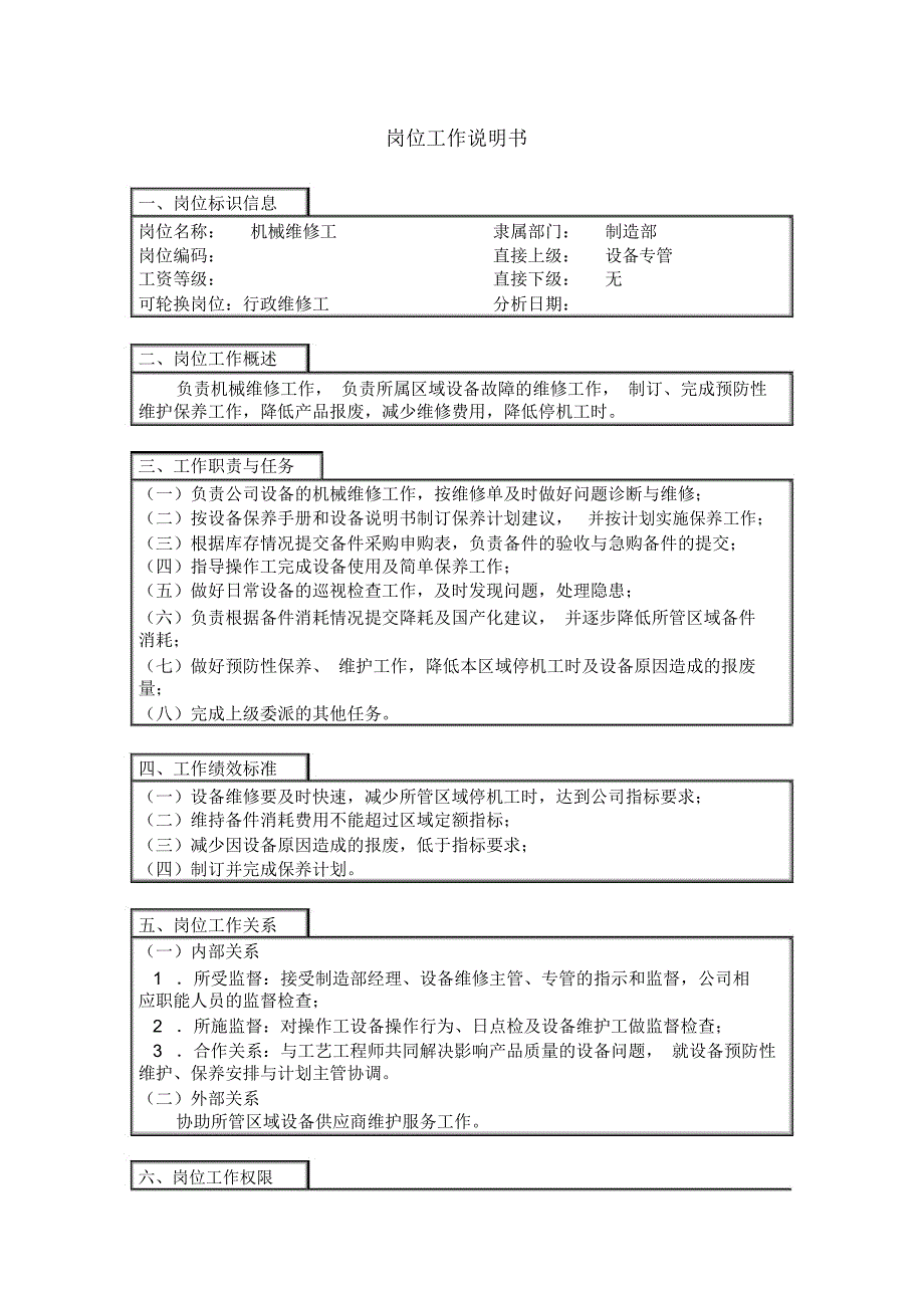 岗位工作说明书机械维修工_第1页