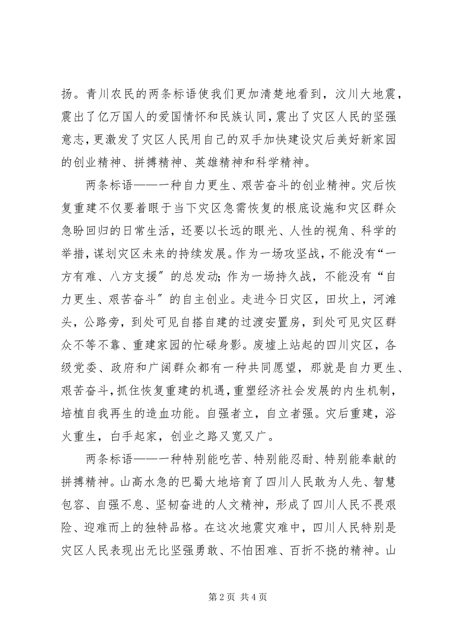 2023年学习抗震救灾精神心得体会两条标语凝聚一种精神.docx_第2页