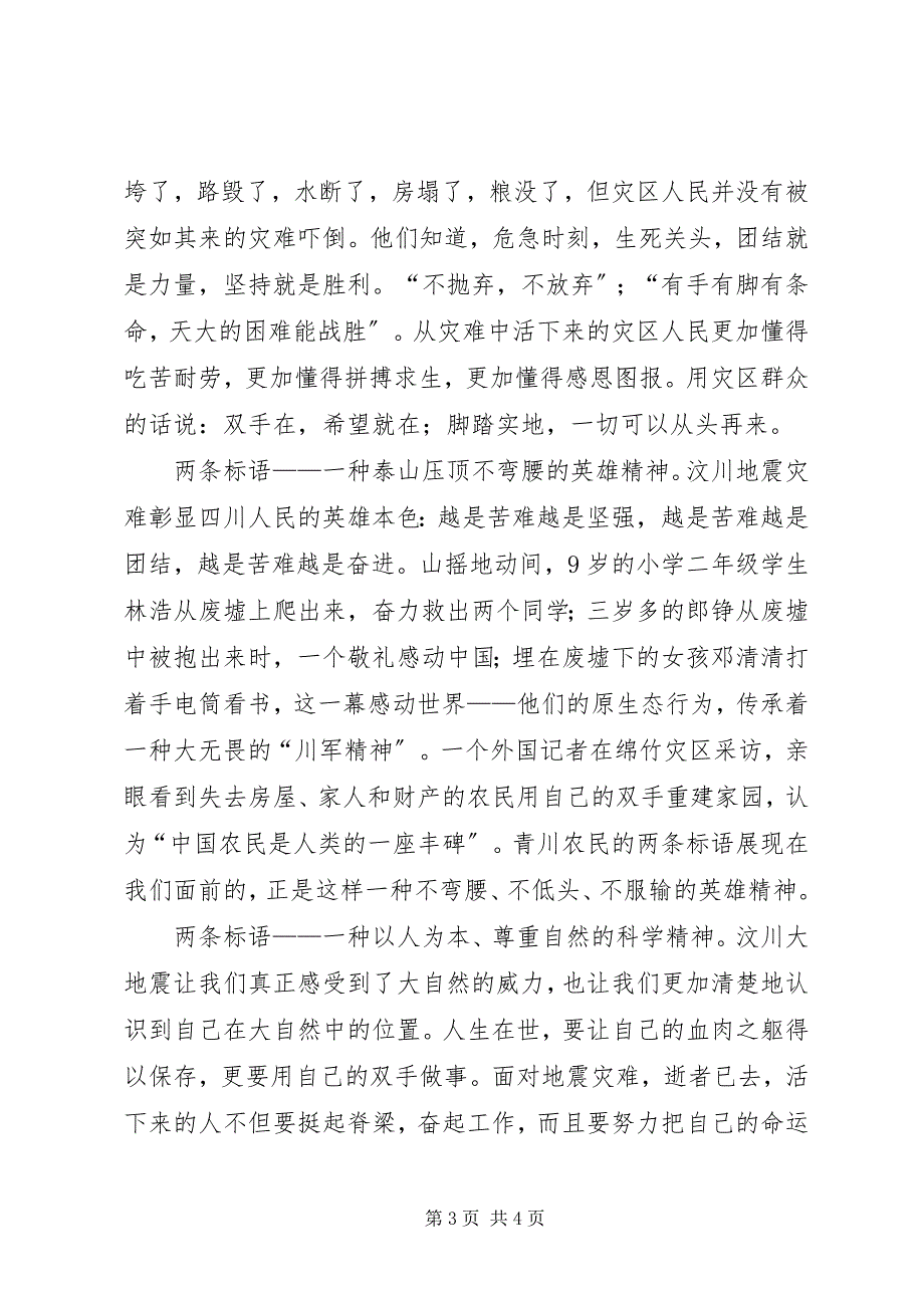 2023年学习抗震救灾精神心得体会两条标语凝聚一种精神.docx_第3页