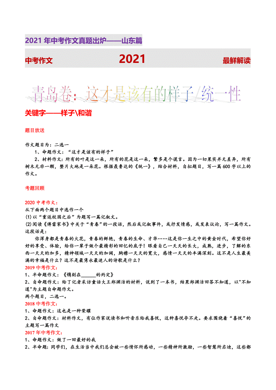 02青岛卷(“这才是该有的样子”“统一”二题选一题)-2021年山东中考作文真题解读.doc_第1页