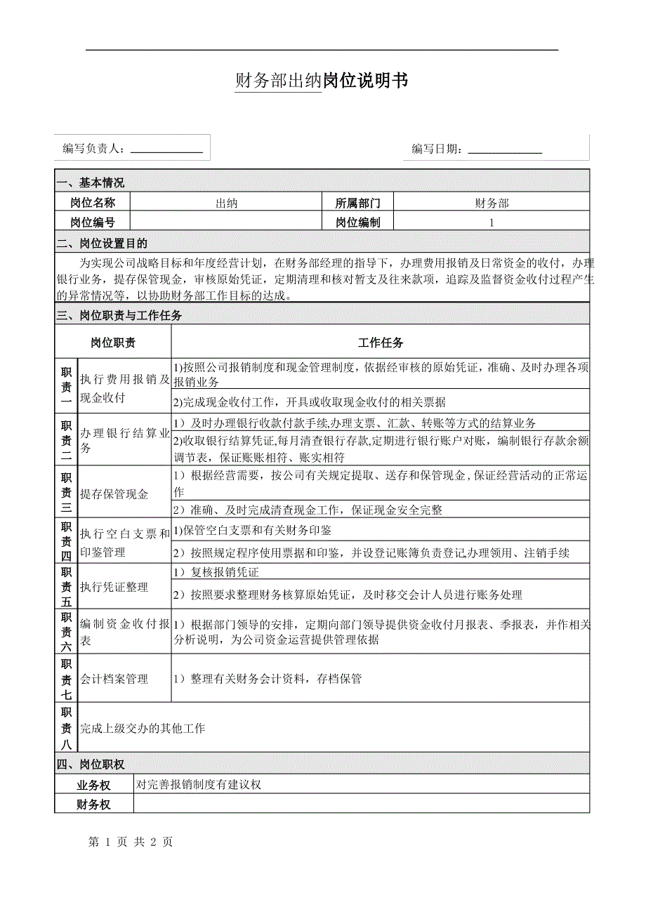 财务部出纳岗位说明书_第1页