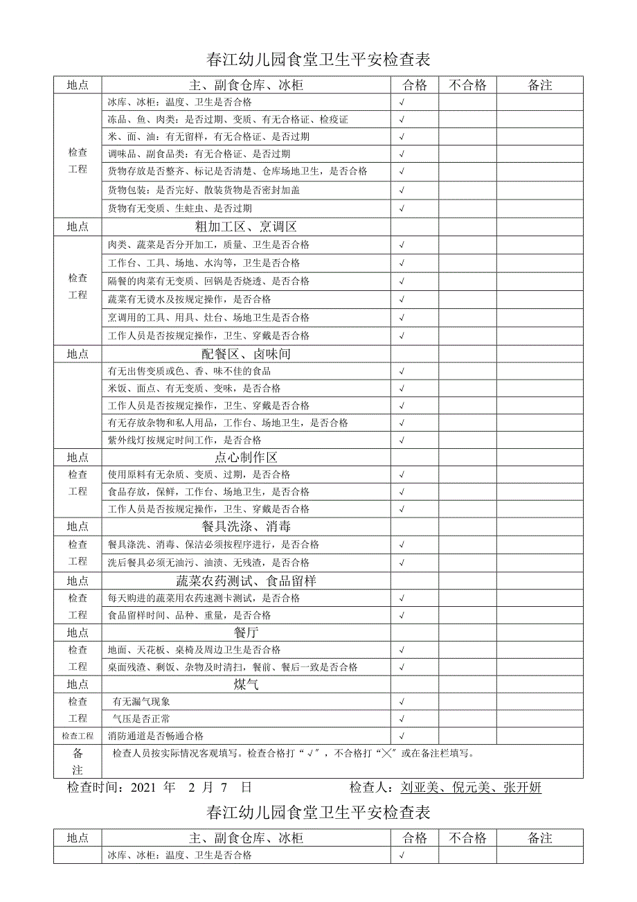 春江幼儿园食堂卫生安全检查表_第1页