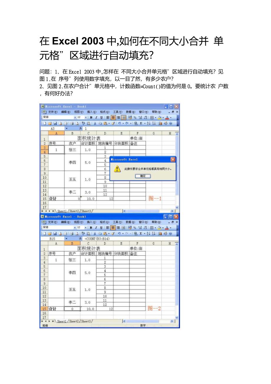 在Excel2003中,如何在“不同大小合并单元格”区域进行自动填充_第1页