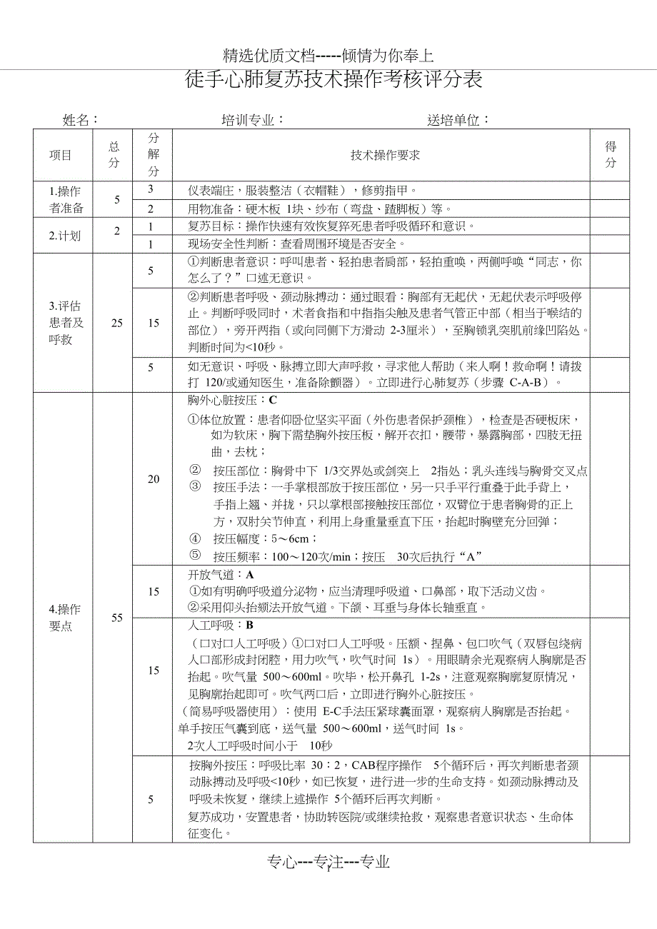 心肺复苏操作考核及评分标准_第1页