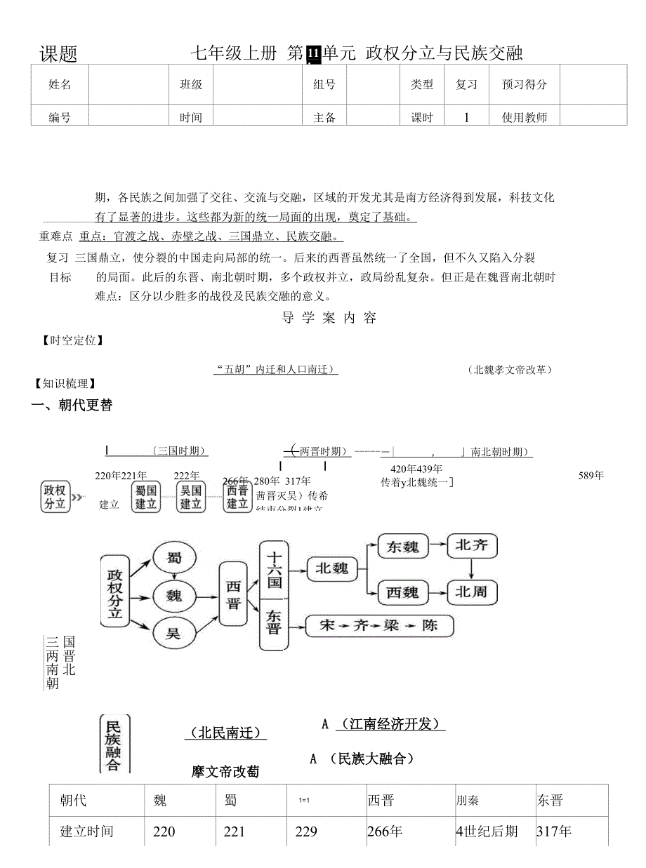 第四单元政权分立与民族交融导学案 部编版七年级历史上册_第1页