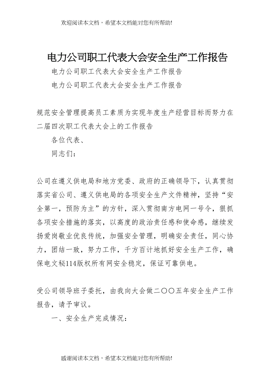 电力公司职工代表大会安全生产工作报告 (5)_第1页