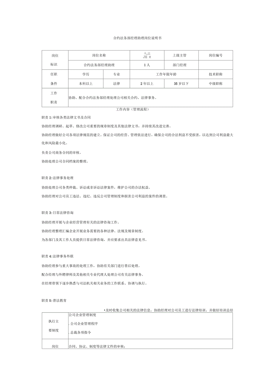 合约法务部经理助理岗位说明书_第1页