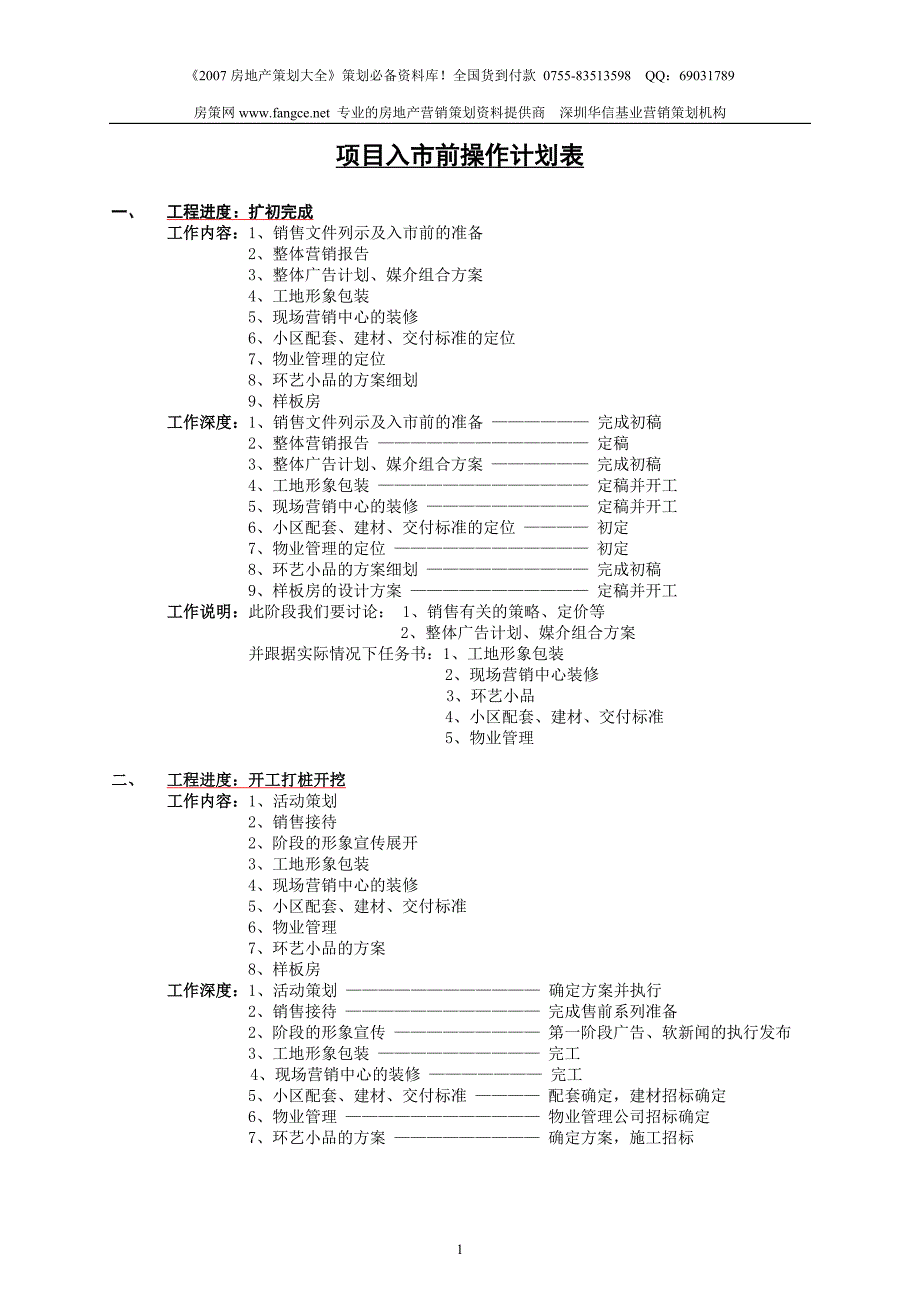 房地产项目入市前操作计划表_第1页