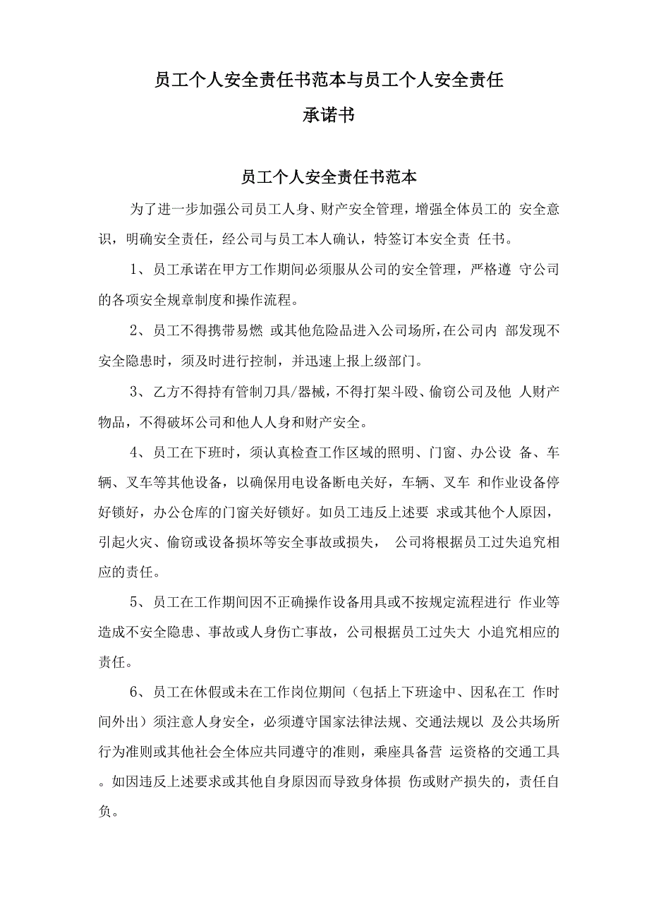 员工个人安全责任书范本与员工个人安全责任承诺书_第1页