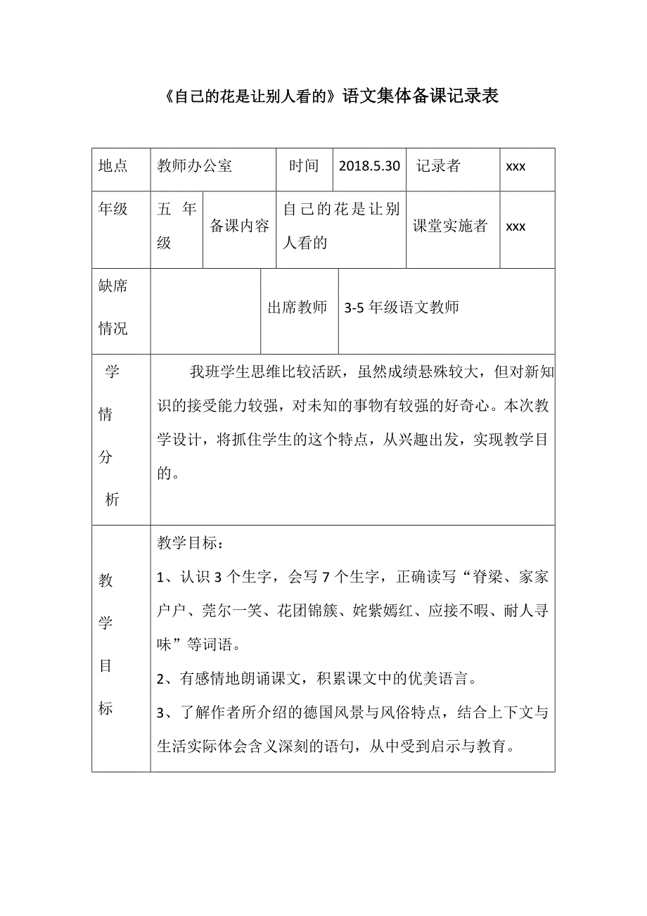 《自己的花是让别人看的》语文集体备课记录表_第1页