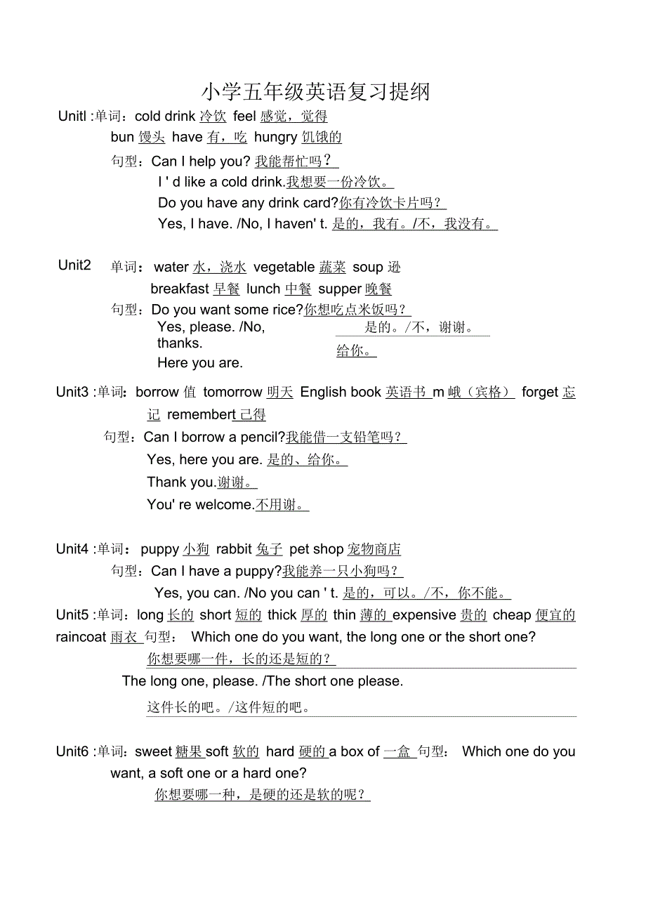 湘少版小学五年级英语上册复习提纲_第1页