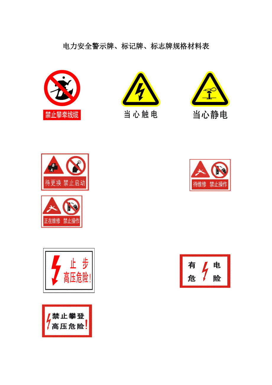 电力安全警示牌材料规格表_第1页