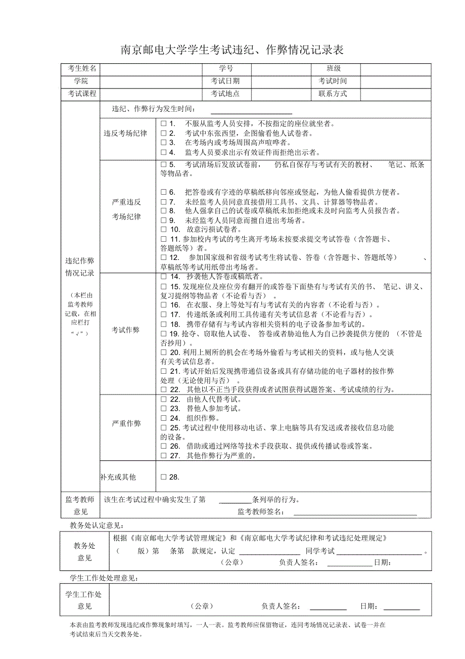 南京邮电大学学生考试违纪作弊情况记录表_第1页