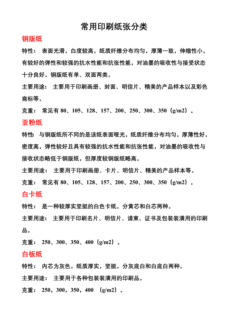 常用印刷纸张分类_第1页