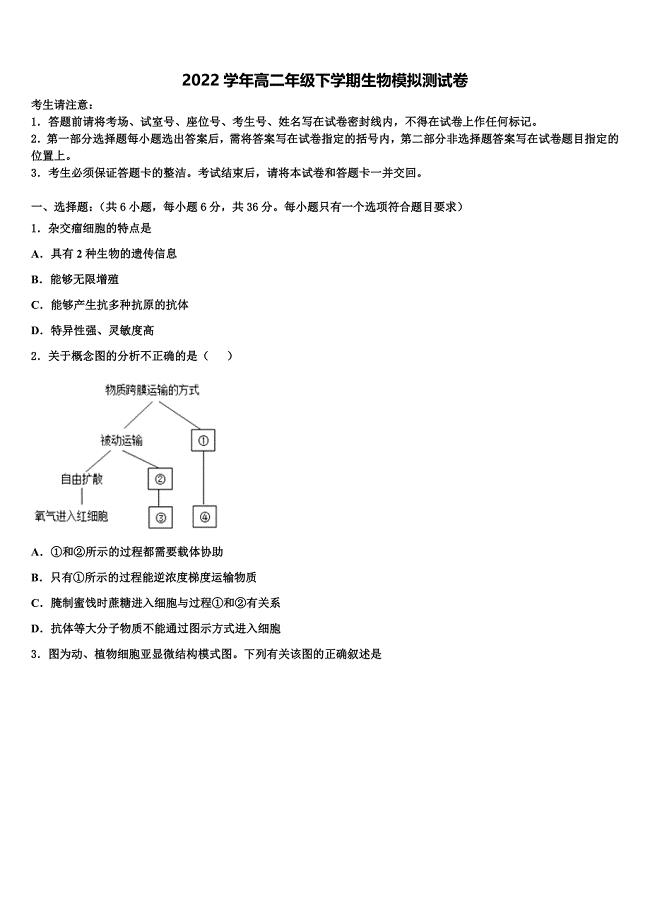 2022届四川省广安、眉山、内江、遂宁高二生物第二学期期末考试试题(含解析).doc