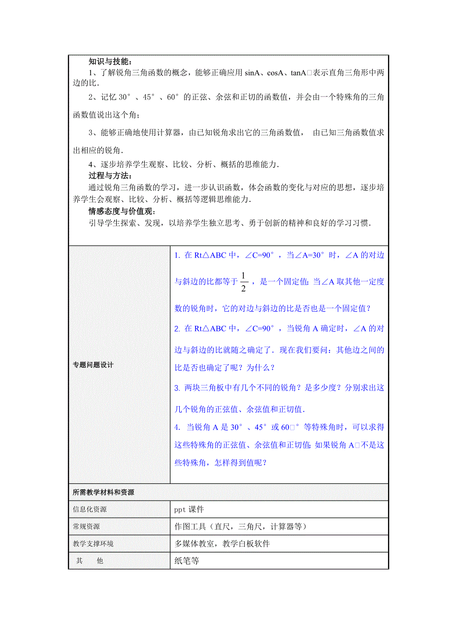 初中数学《锐角三角函数》单元教学设计以及思维导图_第4页