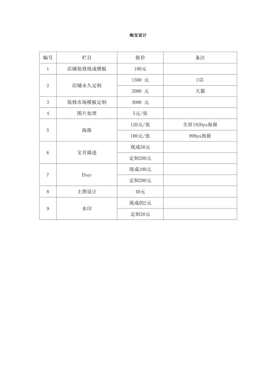 淘宝设计报价单_第1页
