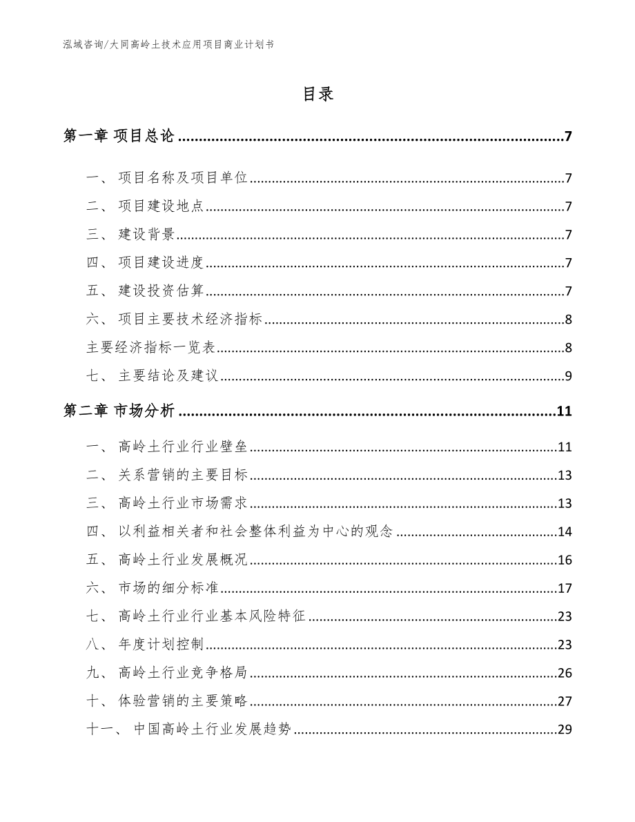 大同高岭土技术应用项目商业计划书_范文模板_第1页