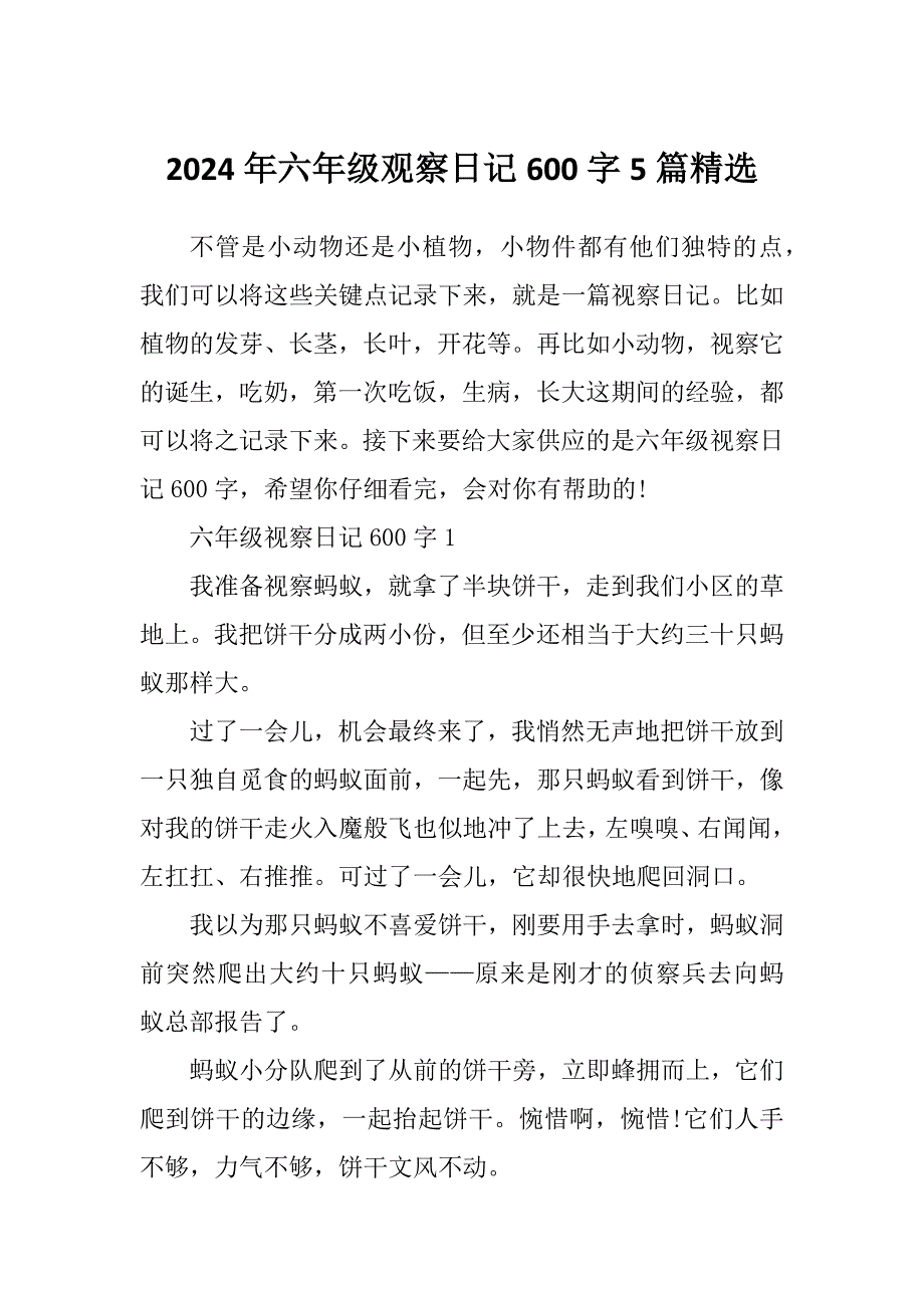 2024年六年级观察日记600字5篇精选_第1页