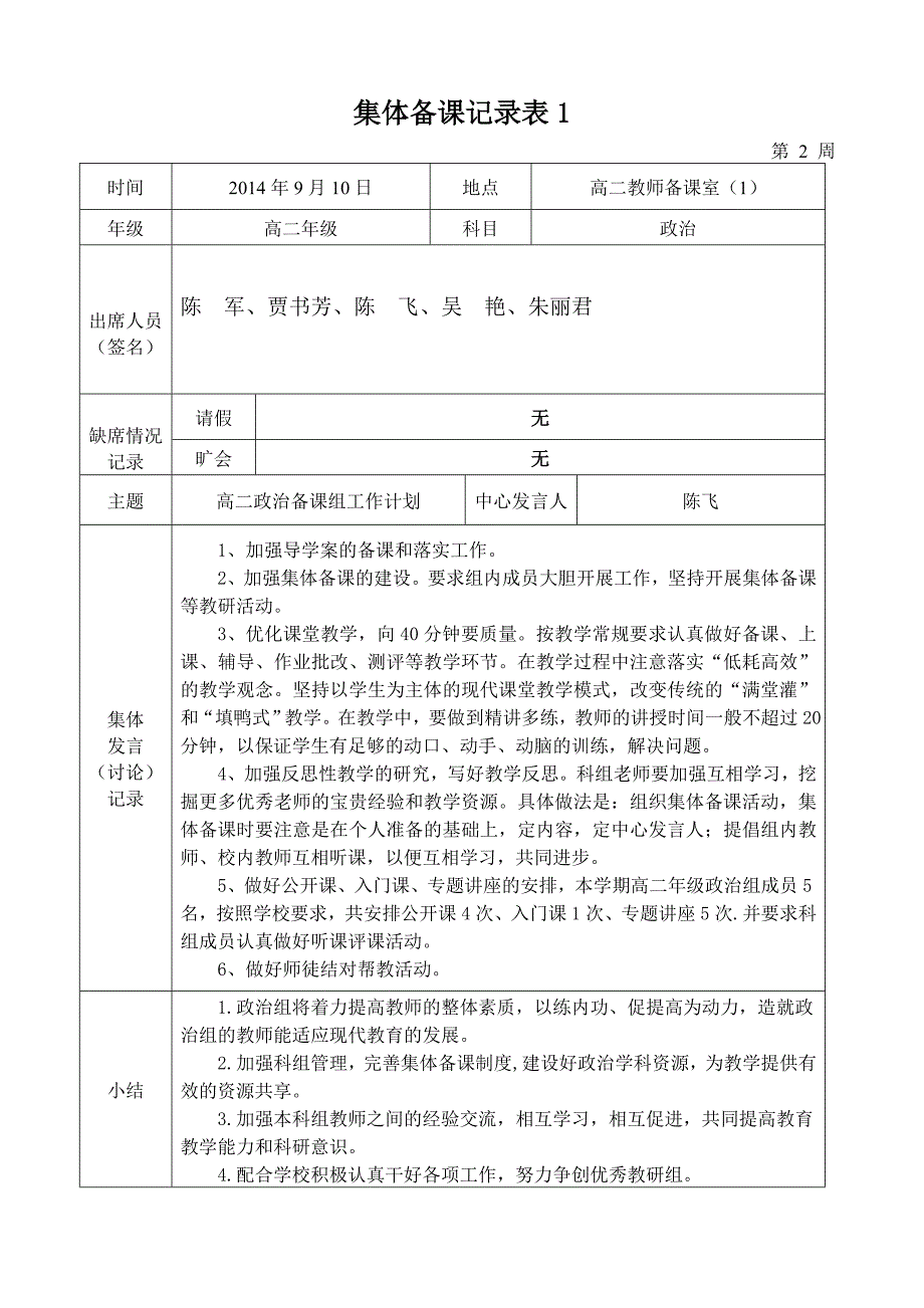 2014-2015学年度第一学期高二政治组集体备课记录表1_第1页