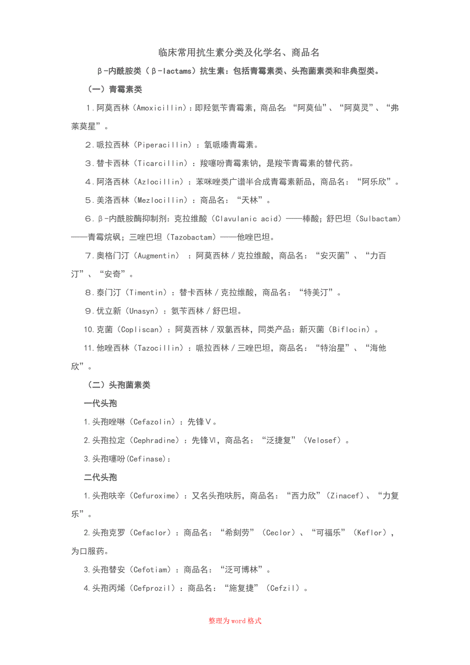 抗生素商品名Word版_第1页