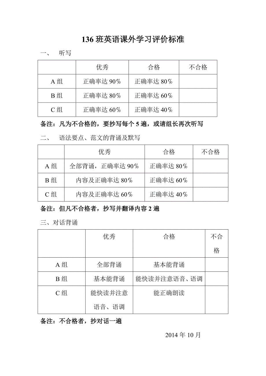 136班英语课外学习评价标准_第1页