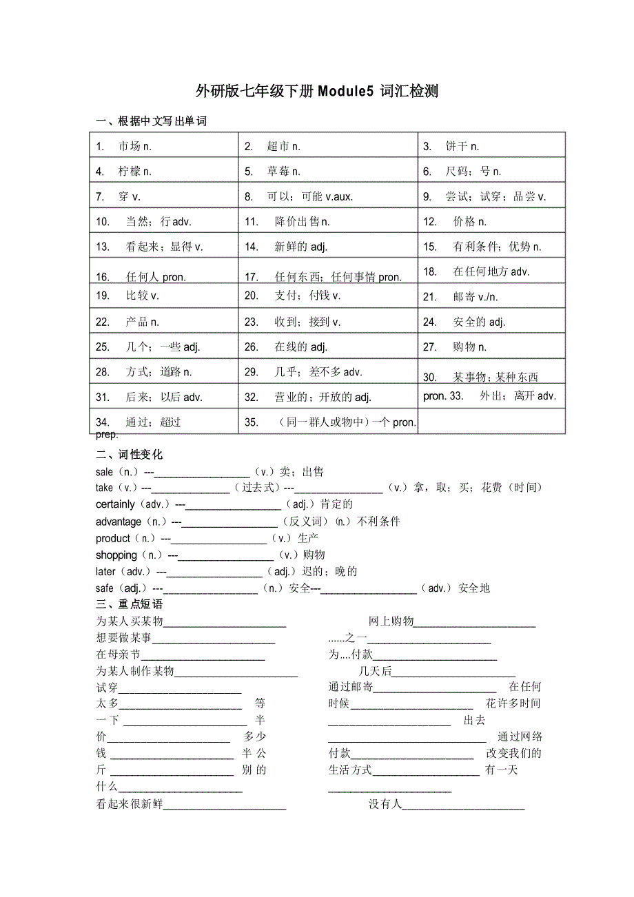 外研版英语七年级下册Module 5 -词汇检测和语法习题(含重难点提升)_第1页