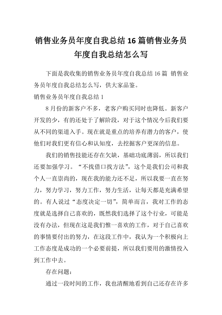 销售业务员年度自我总结16篇销售业务员年度自我总结怎么写_第1页