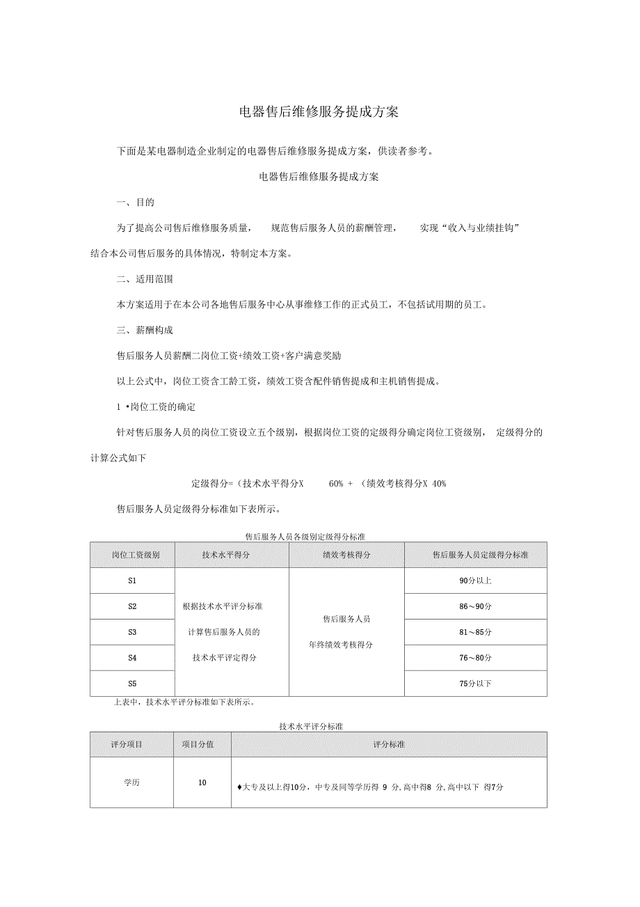 电器售后维修服务提成方案(附表)_第1页