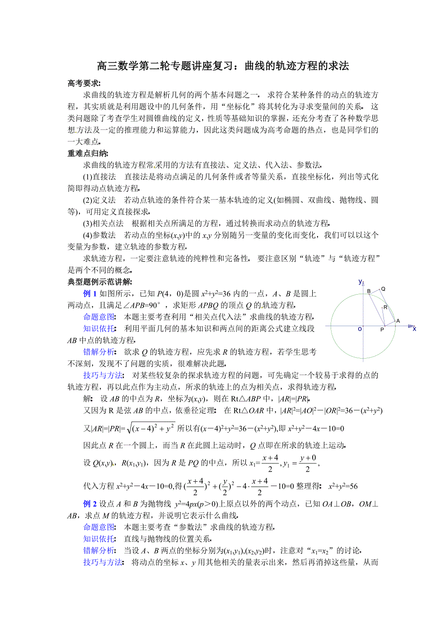 高三数学第二轮专题讲座复习：曲线的轨迹方程的求法_第1页