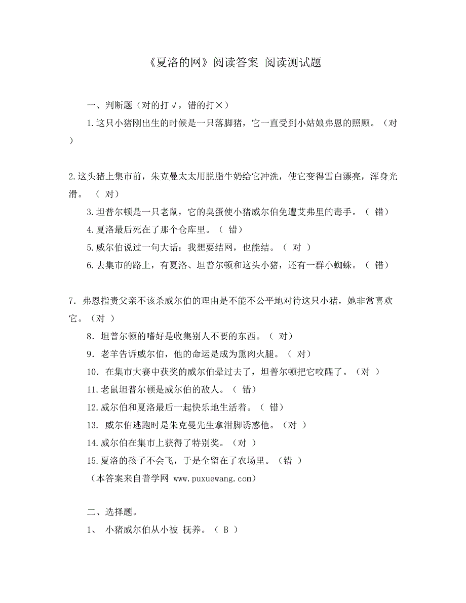 《夏洛的网》阅读答案 阅读测试题_第1页
