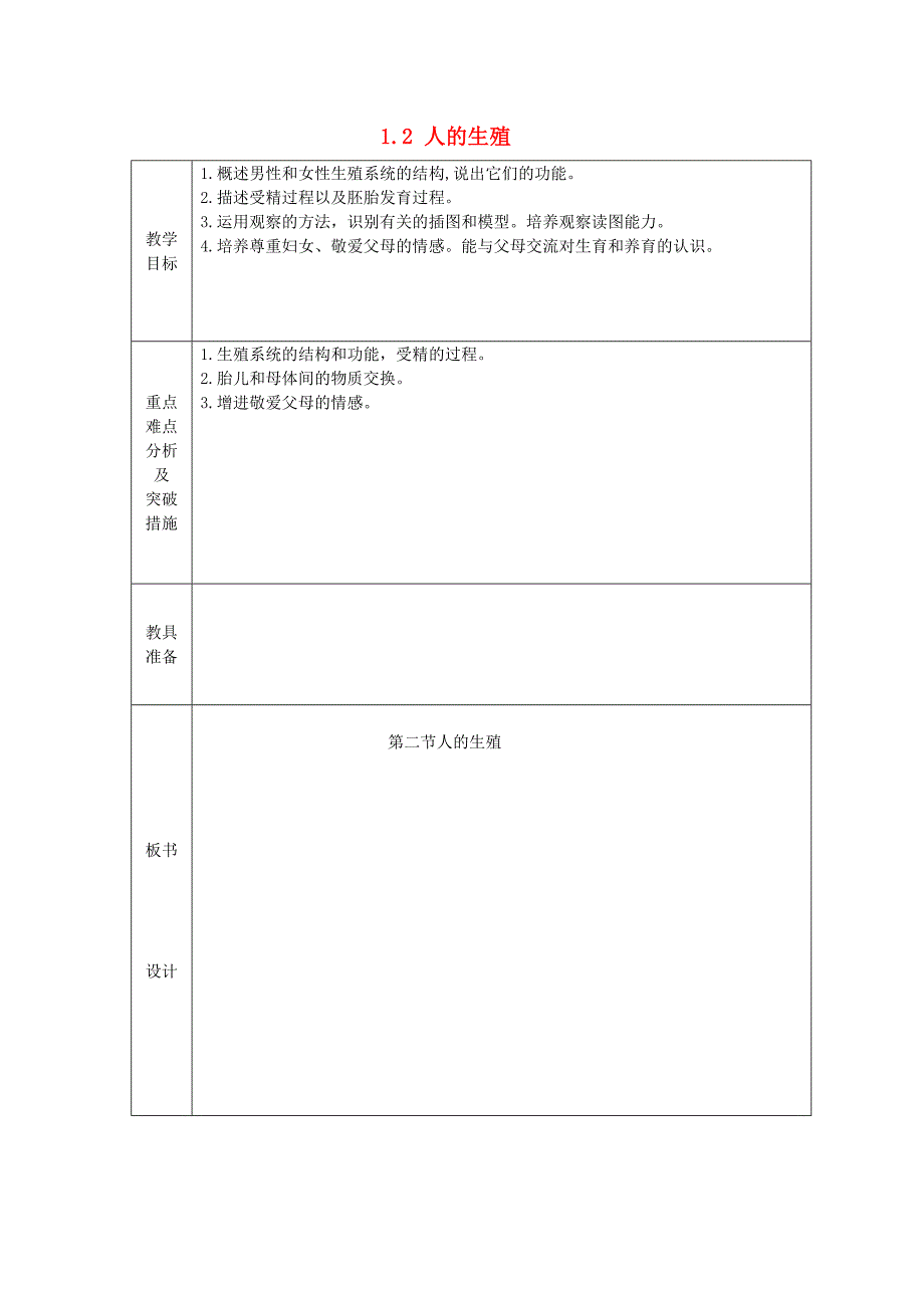 山东省龙口市诸由观镇诸由中学七年级生物下册 1.2 人的生殖教案1 新人教版_第1页