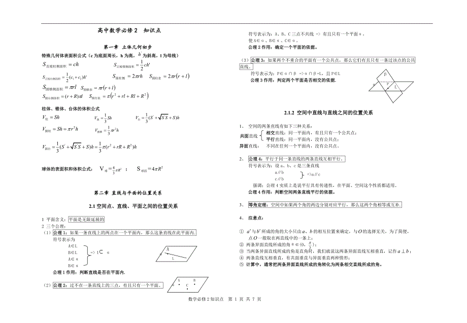 (完整word版)高中数学必修2知识点及学考复习题.doc_第1页