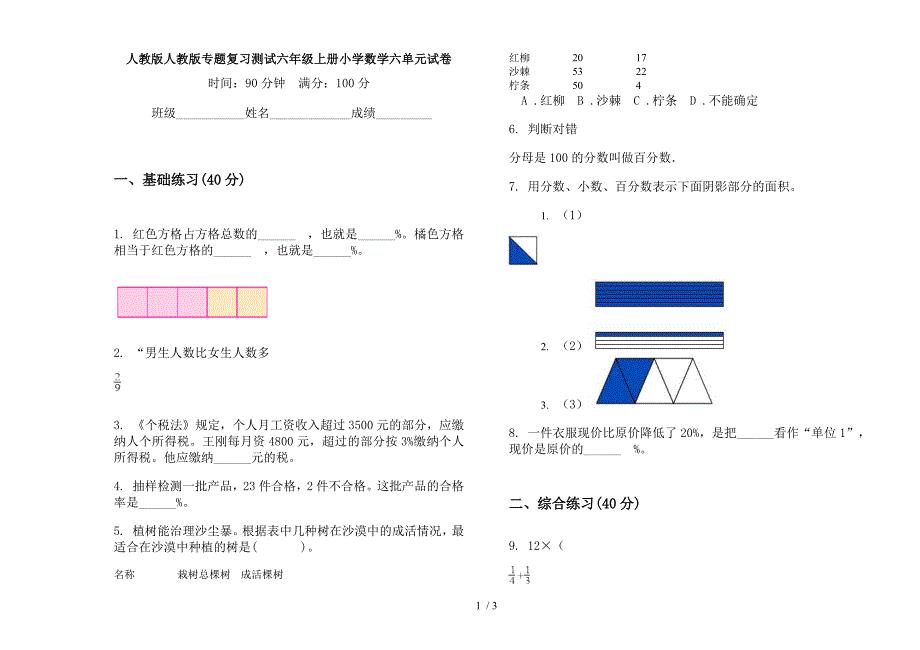 人教版人教版专题复习测试六年级上册小学数学六单元试卷.docx