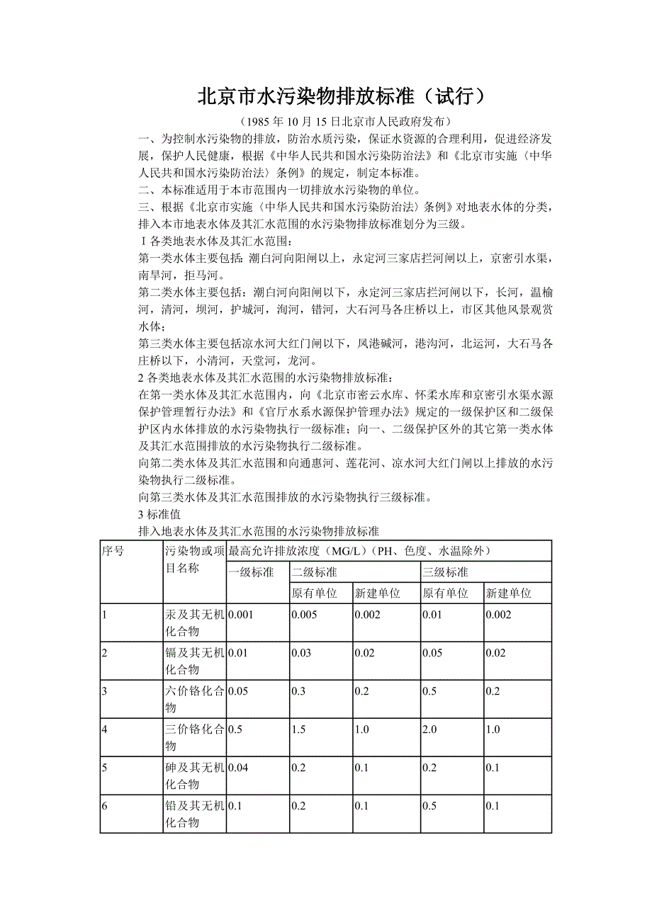 北京市水污染物排放标准(试行)_第1页