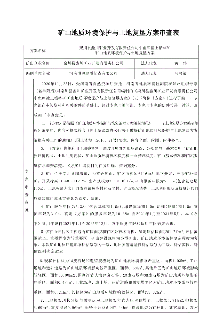 栾川县鑫川矿业开发有限责任公司中鱼库撞上铅锌矿专家评审意见.docx_第1页