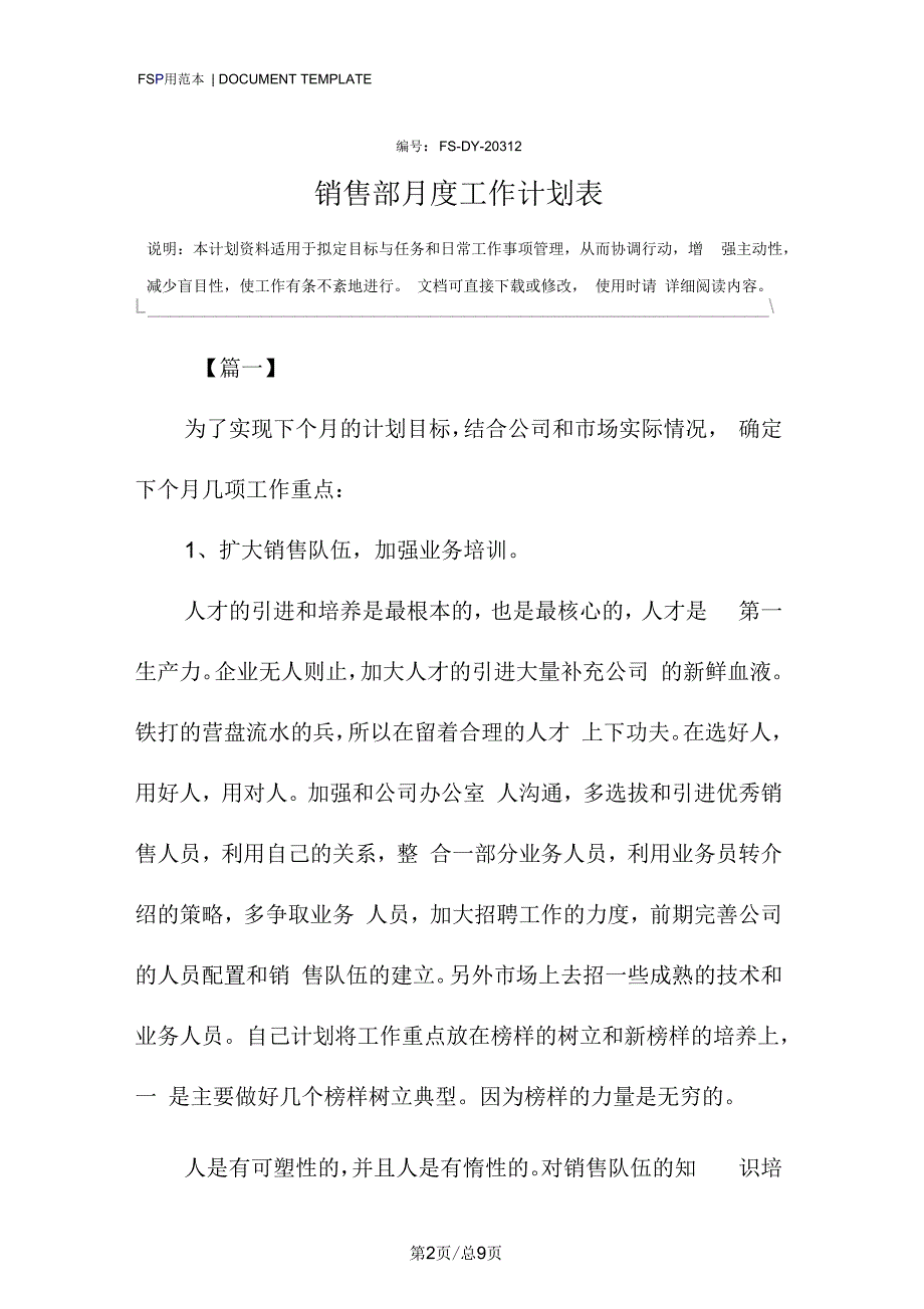 销售部月度工作计划表模板_第2页