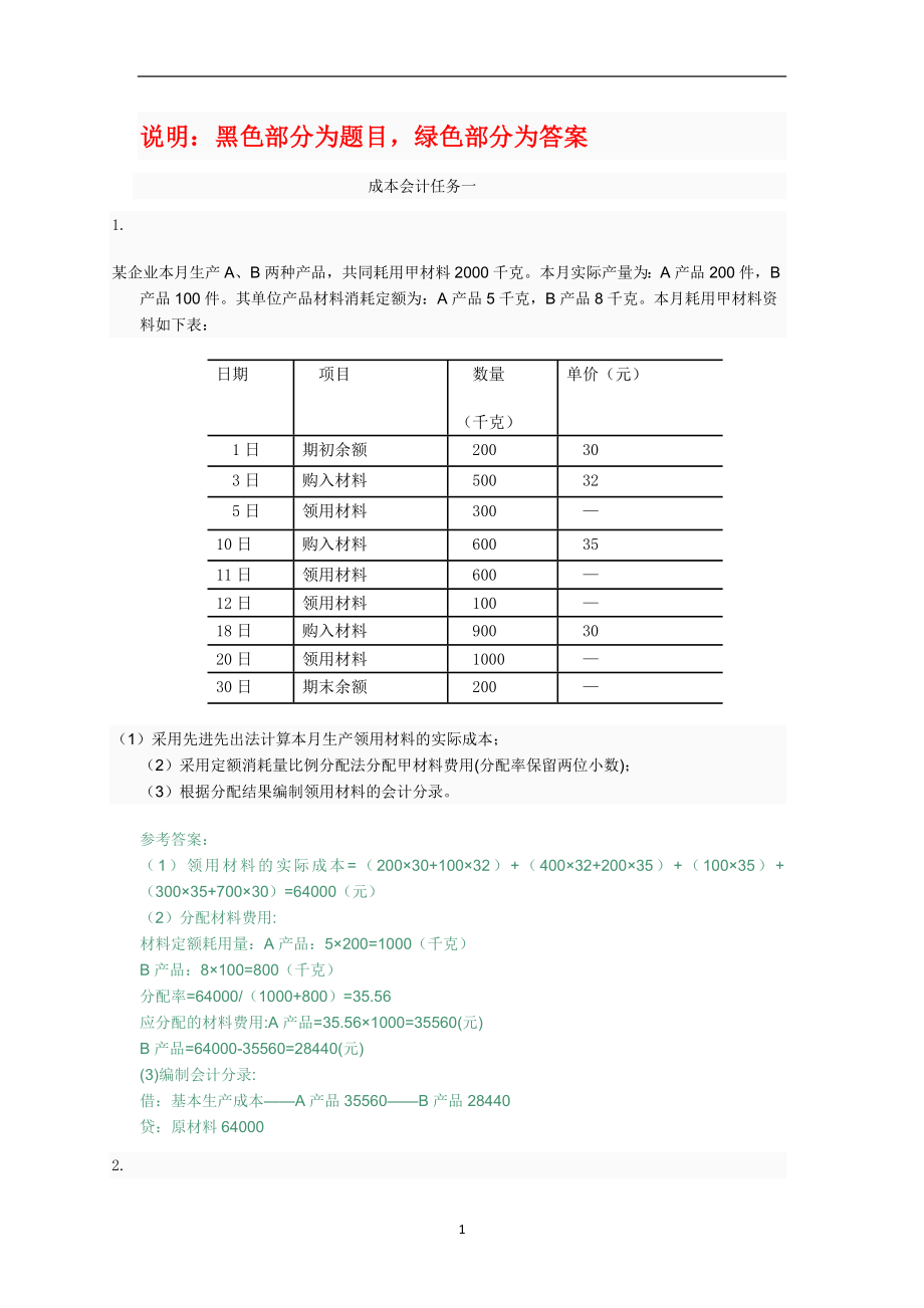 作业考试：国家开放大学(电大)成本会计形考平台任务1-6答案_第1页