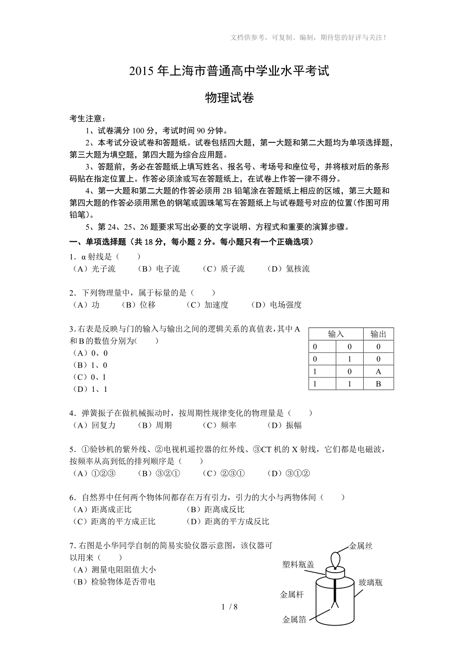 2015年上海市普通高中学业水平考试_第1页