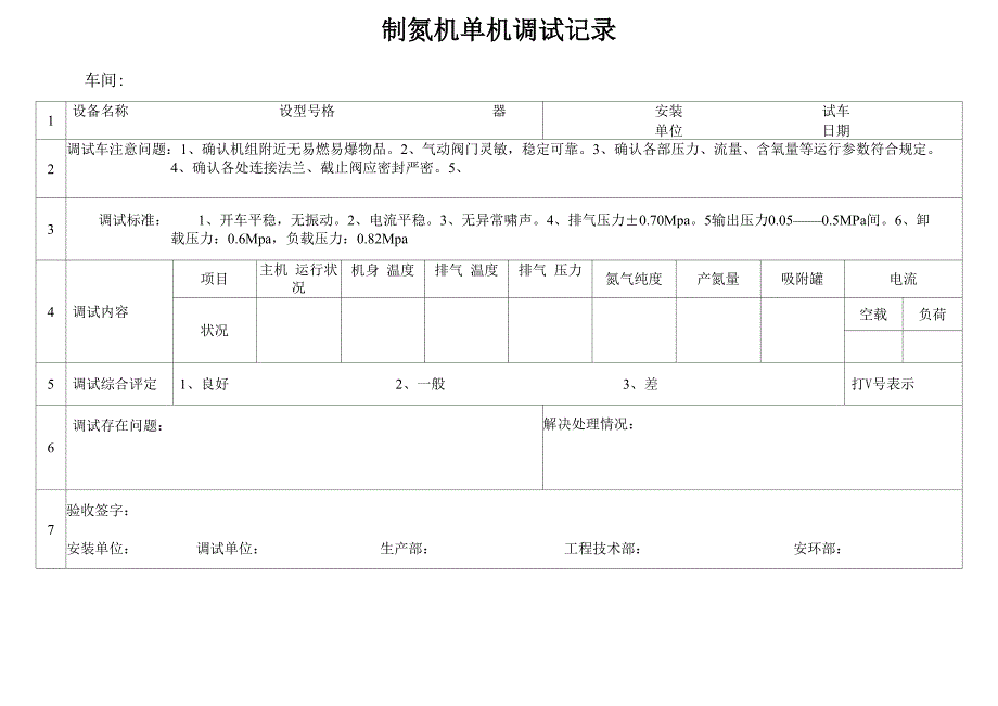 制氮机单机试车原始记录_第1页