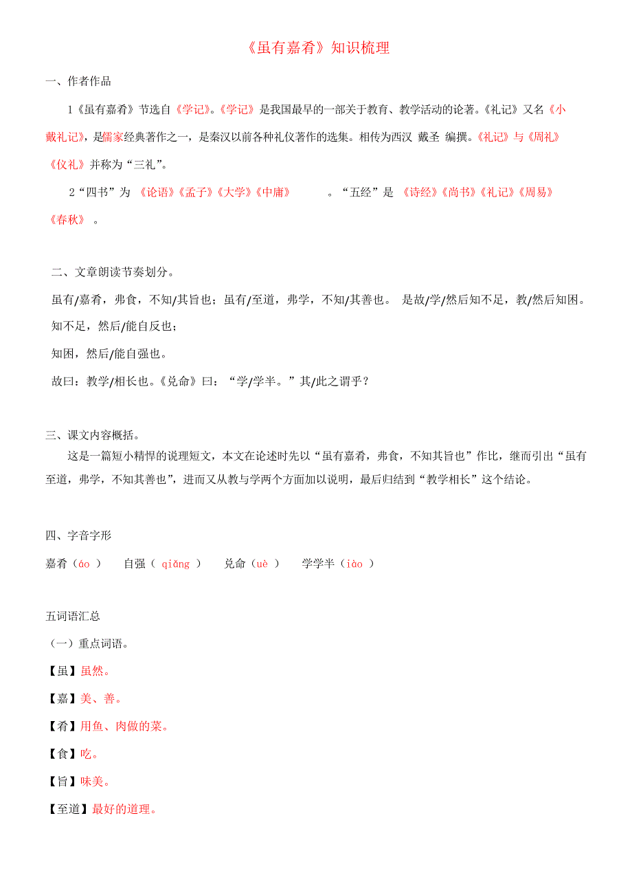 2021年整理《《虽有嘉肴》知识点梳理 解析版》优秀教案_第1页